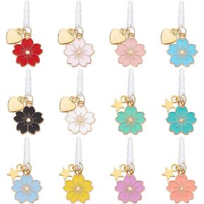 OLYCRAFT 12Pcs 12 Styles Headphone Port Dust Plug 1.6 inch Long Flower Pendant Earphone Anti Dust Plug Alloy Enamel Flower Dust Plug Earphone Plugs with Flower Pendants for Earphone Headphone