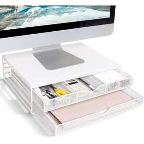 ARCOBIS Wood Monitor Riser with Drawers, Mesh Metal Computer Monitor Stand Riser with Storage for Desk, Max Load Capacity 40LB, 2 Drawers, Rustic Brown
