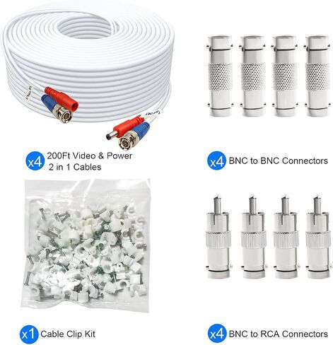 BNC Cable 50ft 4 Pack BNC Video Power Cable,Security Camera Cable for CCTV Camera DVR Security Systems(Included 8X BNC Adapters,100 Pcs Cable Clips)-White in Saudi Arabia