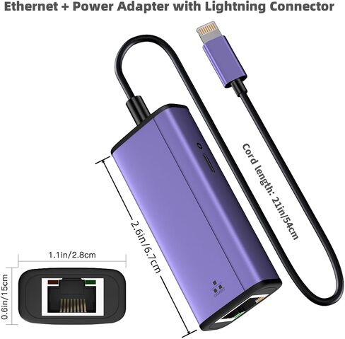 محول لايتنينج إلى إيثرنت من صن شوت، 2 في 1 شبكة لايتنينج إلى RJ45 LAN ومنفذ شحن، متوافق مع iPhone/iPad/iPod، يدعم شبكة إيثرنت عالية السرعة 10/100/1000 ميجابت في الثانية (1.65 قدم) in Saudi Arabia