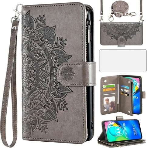 حافظة هاتف Asuwish لهاتف Moto G8 Power Wallet غطاء خلوي مع واقي شاشة وحبل معصم وحزام معصم زهرة ماندالا وسحاب وحامل بطاقات MotoG8Power Motorola 8 8G G8Power XT2041-1 2020 نساء بنات رمادي in Saudi Arabia