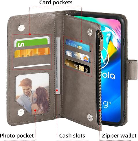 حافظة هاتف Asuwish لهاتف Moto G8 Power Wallet غطاء خلوي مع واقي شاشة وحبل معصم وحزام معصم زهرة ماندالا وسحاب وحامل بطاقات MotoG8Power Motorola 8 8G G8Power XT2041-1 2020 نساء بنات رمادي in Saudi Arabia