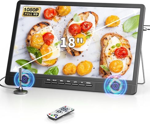 تلفزيون ديسوبري 18 بوصة محمول مع هوائي، تلفزيون صغير مع مدخل HDMI 1080P، مدخل AV، منفذ USB، حامل مدمج، تلفزيون محمول صغير للمطبخ وغرفة النوم والتخييم RV، جهاز تحكم عن بعد، لا بطارية ولا واي فاي in Kuwait