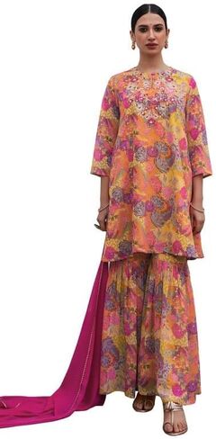 Janasya Indian Women's Multicolor Georgette Floral Yoke Embroidery Panelled Kurta Set in Saudi Arabia