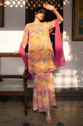 Janasya Indian Women's Multicolor Georgette Floral Yoke Embroidery Panelled Kurta Set in Saudi Arabia