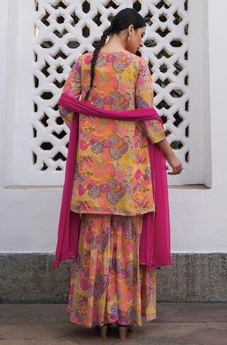 Janasya Indian Women's Multicolor Georgette Floral Yoke Embroidery Panelled Kurta Set in Saudi Arabia