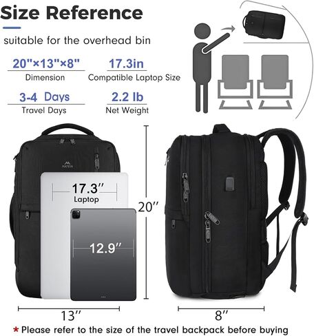 MATEIN Carry on Backpack, Extra Large 40L Flight Approved Travel Laptop Backpack with USB Port, 17 Inch Water Resistant Luggage Computer Daypack College Overnight Weekender Bag for Men & Women, Black in Kuwait