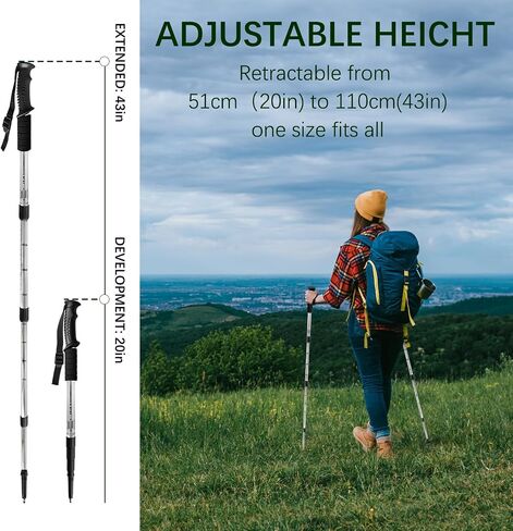 Trekking Poles, 2 Pack Hiking Trekking Poles Adjustable, Lightweight, Anti Shock, Telescopic Walking Sticks for Men Women for Camping, Mountaining, Walking-Silver in Saudi Arabia
