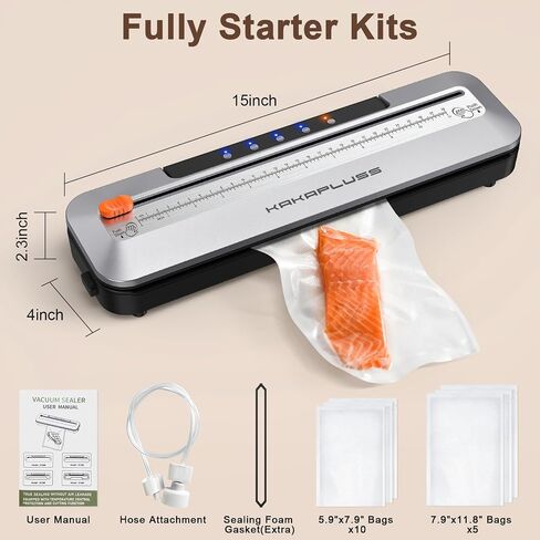 Vacuum Sealer, Automatic Food Sealer Machine, Dry/Moist Sealer, Built-in Cutter, with 15 Sealing Bags & Air Suction Hose & Extra Gasket, for Bags, Jars and Containers Food Fresh and Storage, White in Saudi Arabia