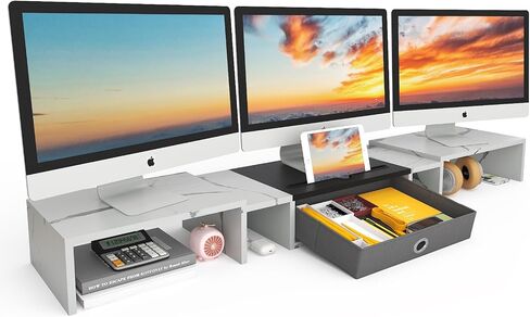 WESTREE Triple Dual Monitor Stand Riser with Drawer,Extra Large Adjustable for 2~3 Monitors,Solt for Phone & Tablet, Desktop Organizer Stand for Computer,Laptop,Printer,TV in Kuwait
