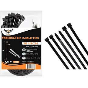 Nirah Industrial Grade Large Zip Ties 16 inch Heavy Duty, Black, 60 lbs, 100 pcs in a Resealable Zip Lock Bag. UV Resistant Heavy Duty Cable Ties (16" Long)