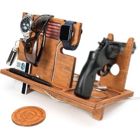 Night stand - Gun tray organizer - Wood gun holder with watch charger - Ideal for police officers - Law enforcement gifts for him - Christmas gift