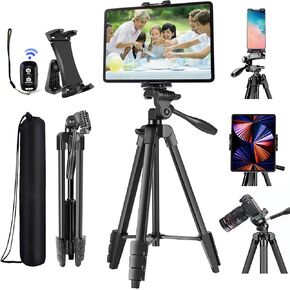 Peastrex Tablet Ipad Tripod Stand Mount Holder 60 inch with Bluetooth Remote for iPad Pro Air Mini 12.9 11 10.5 Surface Galaxy Tab, iPhone, 3.5 to 13.5in Cellphone Tablet, Video Recording, Camera