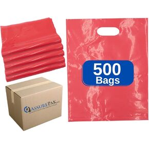 Red Plastic Bag- Red Plain LDPE Die Cut Handle Bag 12"x15" 1.5 mil - 500 bags/case
