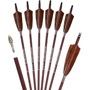 Archery 31-Inch Carbon Hunting Arrows, 4-Inch Turkey Feather Fletching with Replaceable Points, Targeting Practice Arrows Spine 500 for Recurve & Traditional Bows