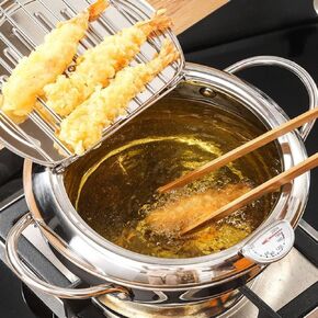 Deep Fryer Pot with Thermometer Celsius Lid, 8 inch, Japard 304 Stainless Steel with Temperature Control Janpanese Style Tempura Frying Pot with Oil Drain Tray as Lid