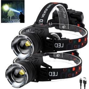 Rechargeable LED Headlamp, 100000 Lumens, 90 Adjustable, Waterproof, USB Rechargeable, Long Battery Life, Durable and Lightweight