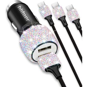 Bling USB Car Charger 5V/2.4A White Crystal Decoration Dual Port Fast Adapter with 4ft Nylon Type C/Micro USB 3-in-1 Multi Charging Cable for iPhone iPad Android, Car Interior Accessories for Women