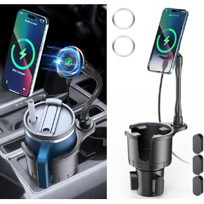 Magnetic Wireless Cup Phone Holder for Magsafe Car Mount Charger 15W Fast Charging Cell Phone Stand Drink Holder with Expandable Base Flexible Gooseneck for iPhone 16 15 14 13 12 Series Most Bottles