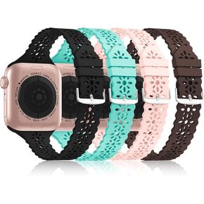 Bandiction 4 Pack Lace Silicone Bands Compatible with Apple Watch Band 38mm 40mm 41mm 42mm 44mm 45mm 46mm 49mm, Women Slim Thin Hollow-out Wristband for iWatch Series 10 9 Ultra 8 SE 7 6 5 4 3 2 1