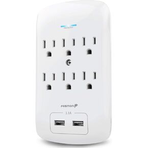 Fosmon 6 Outlet Surge Protector 1200 Joules مع 2 USB Ports Charger (3.1A)، موسع منافذ متعددة التوصيل 1875 وات، محول صنبور حائط مؤرض بثلاثة شقوق (عبوتان)