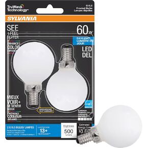 SYLVANIA LED TruWave Natural Series Décor Globe G 16.5 Light Bulb, 40W Equivalent, 4.5 Efficient, Candelabra Base, Dimmable, 350 Lumens, 2700K, Frosted, Soft White - 2 Pack (40797)