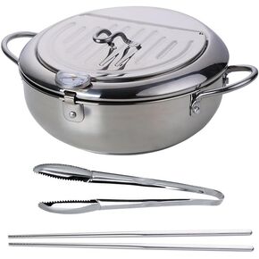 Deep Fryer Pot, 9.8"/2.8Qt Japanese Style Tempura Frying Pot with Lid, 304 Stainless Steel with Temperature Control and Oil Drip Drainer Rack for Kitchen French Fries Squid Ring Dishwasher Safe in Saudi Arabia
