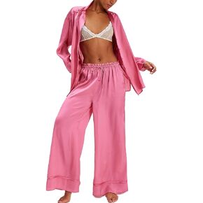 Women Soft Satin Pajamas Set Y2K Floral Long Sleeve Button Down Shirt Wide Leg Pants 2 Piece Silk Pjs Set Loungewear