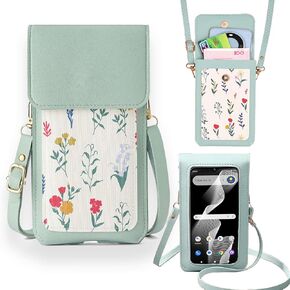 Clear Touch Screen Crossbody Bag Purse Wallet Case For Vortex J24 [Long Lanyard Strap], Cash Purse Floral Pattern PU Leather Crossbody Bag Long Shoulder Handbag With Wristlet for Women, Mint