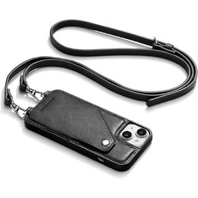 Leather Crossbody Case Compatible with iPhone 15 6.1 in,Genuine Leather Purse Phone Case with 2 Card Slot for Women,Wallet Case with Adjustable Lanyard Shoulder Strap,Brown