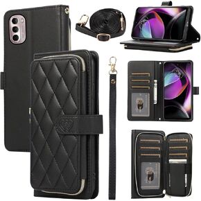 Argyle Wallet Case for Motorola Moto G Power 2022/MotoG Play 2023/G Pure 2021 with Wrist Strap Shoulder Strap Zipper Purse, Stand Phone Cover for XT2165DL XT2163DL XT2165-5 XT2271-5 Deep Purple