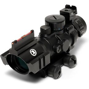 4X 32 Compact Tactical Scope with 3 Color (Red Green or Blue) Range Finder Sight (Mil-Dot or MOA Options) and Naturally Illuminated Fiber Optic Iron Sight