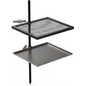 Stanbroil Adjustable Swivel Grill - Steel Mesh Cooking Grate with Spike Pole and Griddle Plate for Outdoor Open Flame Cooking - Dual Campfire Steel Cooking Grill Grate Swivel System