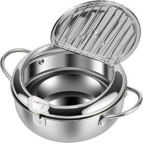 9.76 inches 3.4L 304 Stainless Steel Deep Fryer Pot,Janpanese Style Tempura Frying Pot with Strainer Basket and Thermometer,Deep Frying Oil Container with Handle for Frying Fish Shrimp Chicken