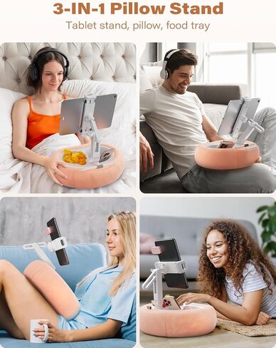 Tablet Kindle Pillow Stand Holder with 2 Trays Fit 4''-13'' Phone/Tablet/Kindle Tablet iPad Holder Stand for Bed with Soft Plus Fabric Kindle/Tablet Accessories Gift for Reading, Pink in Kuwait