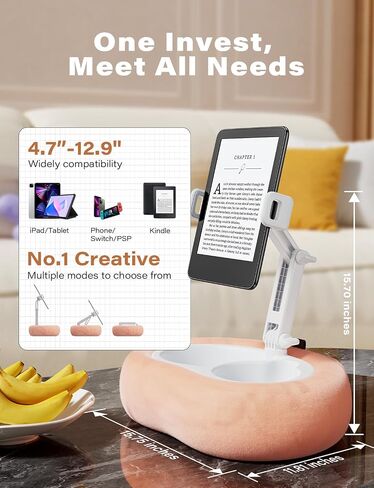 Tablet Kindle Pillow Stand Holder with 2 Trays Fit 4''-13'' Phone/Tablet/Kindle Tablet iPad Holder Stand for Bed with Soft Plus Fabric Kindle/Tablet Accessories Gift for Reading, Pink in Kuwait