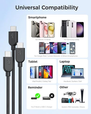 Cable Matters 3-Pack Extreme Flexible USB C Charging Cable 6ft in Black, Support 60W PD, Apple CarPlay, Android Auto, USB C to USB C Cable for iPhone 16/15 Pro Max Plus, iPad, Galaxy S23 in Saudi Arabia