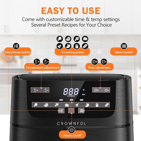 CROWNFUL 7 Quart Air Fryer, Oilless Electric Cooker with 8 Cooking Functions, LCD Digital Touch Screen with Precise Temperature Control, Shake Reminder Function, 1500W, UL Listed-Black in Saudi Arabia