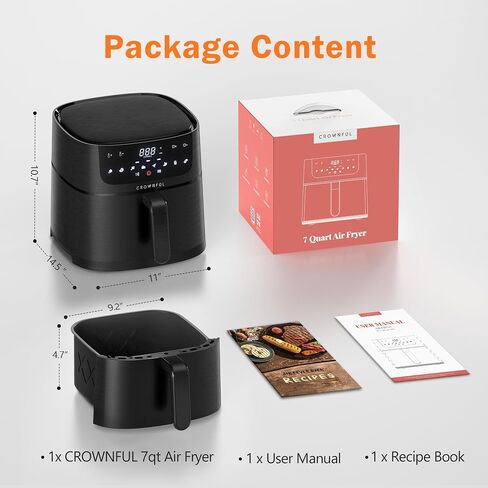 CROWNFUL 7 Quart Air Fryer, Oilless Electric Cooker with 8 Cooking Functions, LCD Digital Touch Screen with Precise Temperature Control, Shake Reminder Function, 1500W, UL Listed-Black in Saudi Arabia