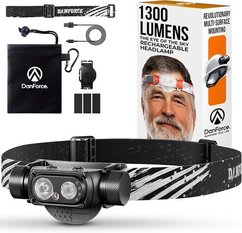 DanForce Headlamp Rechargeable, American LED Ultra Bright 1300 Lumens Head lamp, USB Type C Rechargeable Headlamp,IPX65 Head Light, Dimmable, Revolution Surfaces Headlight - The Eye of The Sky in Saudi Arabia
