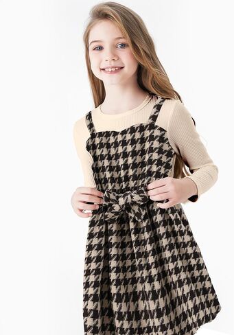 PATPAT Girl's One Piece Outfit Long Sleeve Knit Tee and Checkered Hlter Dress Set with Belts for 5-12Y in Saudi Arabia