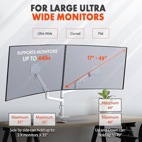 Ultrawide Dual Monitor Arm – Heavy Duty Monitor Arm Desk Mount with VESA Mount Compatibility and Gas Spring Mechanism – Holds Up to 57" Wide and 59.4 lbs. Each in Kuwait
