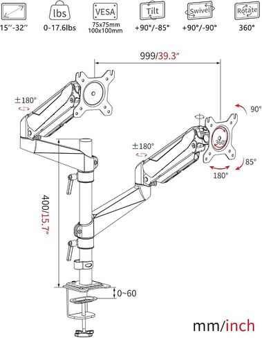 Ultrawide Dual Monitor Arm – Heavy Duty Monitor Arm Desk Mount with VESA Mount Compatibility and Gas Spring Mechanism – Holds Up to 57" Wide and 59.4 lbs. Each in Kuwait