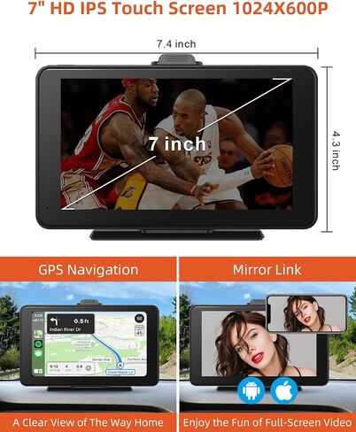 Portable Apple Carplay & Android Auto with 1080P Backup Camera, Car Screen x7 Inch HD IPS Touch Carplay Screen for Car Plug in, Car Play Dash Mount with AUX, FM, Siri, GPS Navigation in Saudi Arabia