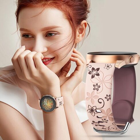 Floral Engraved Bands Compatible with Samsung Galaxy Watch 6 5 4 40mm 44mm,Galaxy Watch 5 Pro 45mm,Watch 4 Classic, Active 2 Band,Galaxy Watch 3,20mm Soft Silicone Two-Tone Watch Strap Women in Saudi Arabia