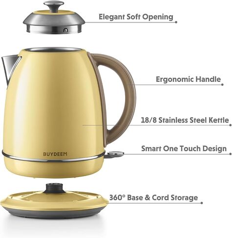 BUYDEEM K640 Stainless Steel Electric Tea Kettle with Auto Shut-Off and Boil Dry Protection, 1.7 Liter Cordless Hot Water Boiler with Swivel Base, 1440W, Mellow Yellow in Kuwait