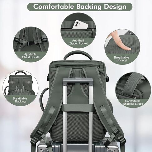 حقيبة ظهر للسفر للنساء والرجال معتمدة من الطيران، حقيبة أمتعة محمولة على الظهر، حقيبة ظهر للأغراض الشخصية، حقيبة ظهر للكمبيوتر المحمول حقيبة نهارية عادية، أساسيات السفر التي يجب اقتناؤها، أخضر زيتوني in Kuwait