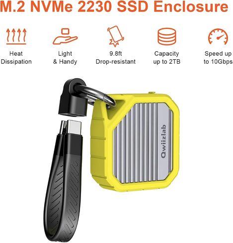 Qwiizlab M.2 2230 SSD NVMe Enclosure, 10Gbps USB 3.2 Gen 2 Type-C, Fits M Key up to 2TB, Supports PCIe UASP, Rugged Aluminum Case (Lemon Fizz), SSD Not Included in Saudi Arabia