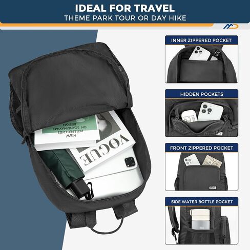 20L Lightweight Hiking Backpack - Waterproof Packable Backpack for Women Men, Small Foldable Nylon Daypack for Travel, Work, Collapsible Ultralight Backpack - Black in Saudi Arabia