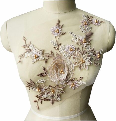Lace Fabric 3D Flowers Appliques Beads Rhinestones Embroidery Sew Patch for DIY Wedding Decoration Dress (Yellow) in Saudi Arabia